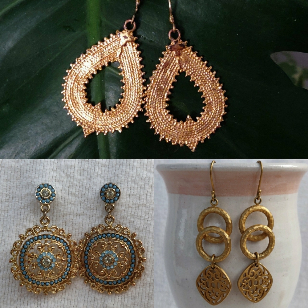 3 Pairs of Gold Dangle Earrings